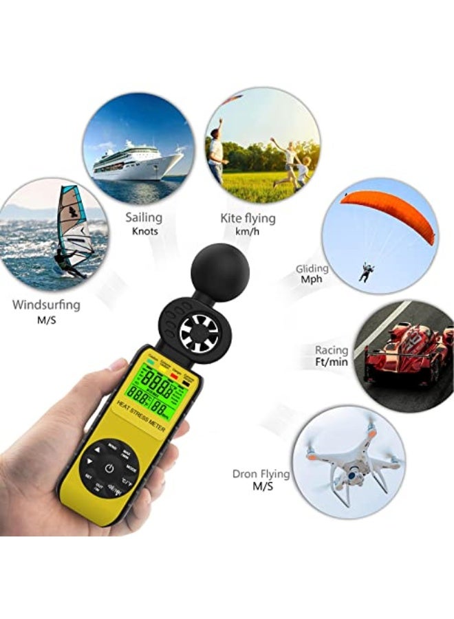 WapoRich 3 in1 Digital Wind Speed Meter with WBGT Alarm Anemometer Temperature (℃/℉) Measures Wind Speed/Humidity for Drone Flying, Hunting, Sailing,Yellow RQ-881W