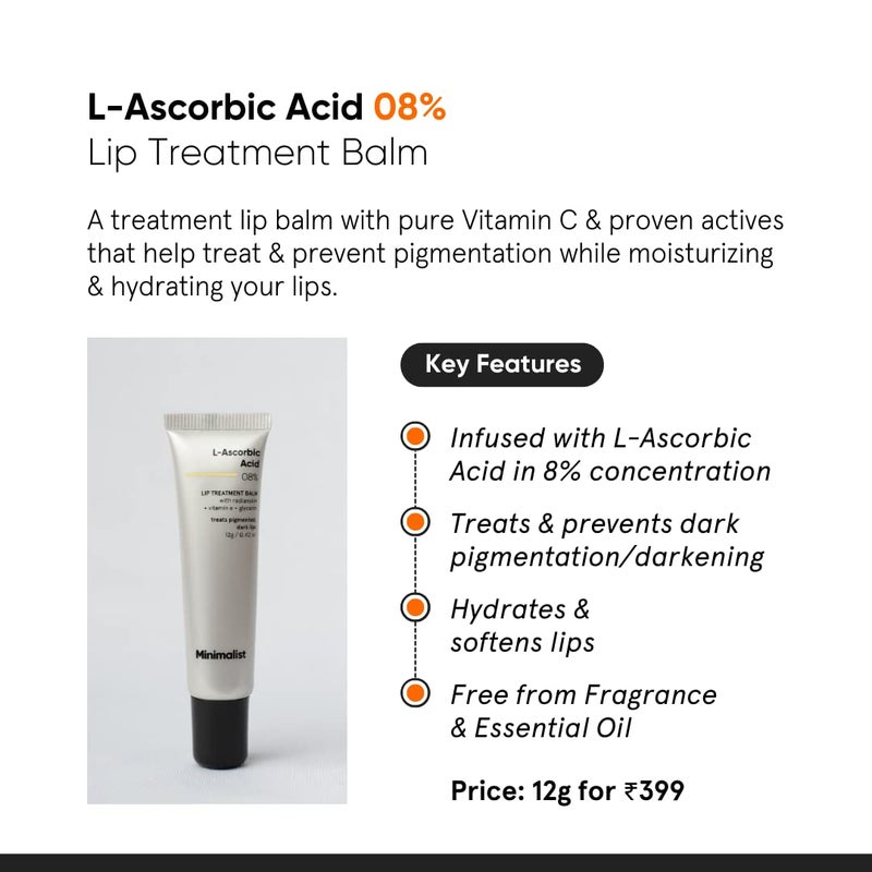 Minimalist 8 LAscorbic Acid Lip Treatment Balm with Vitamin E Radianskin  Glycerine for Pigmented  Dark Lips  For Women  Men  12 gm - Image 2