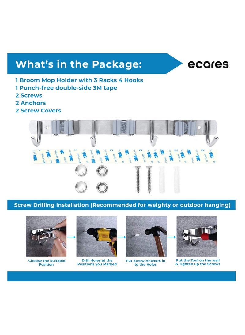 ECARES - ECARES® Broom Mop Holder, Wall Mounted, Stainless Steel, Screw or Self-Adhesive Stick-on Metal, Storage Organizer, Garage Organizer, Garden Tool, Tool Rack, Heavy Duty, 3 Racks 4 Hooks for Home. - Image 1