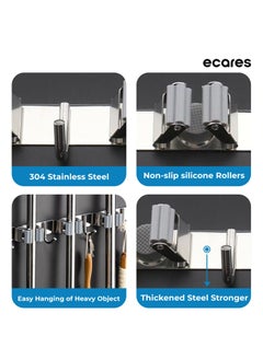 ECARES ECARES® Broom Mop Holder, Wall Mounted, Stainless Steel, Screw or Self-Adhesive Stick-on Metal, Storage Organizer, Garage Organizer, Garden Tool, Tool Rack, Heavy Duty, 3 Racks 4 Hooks for Home.  - Image 4
