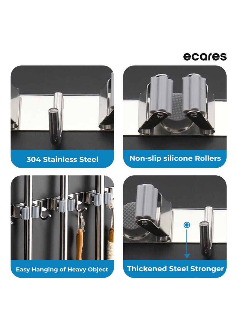 ECARES - ECARES® Broom Mop Holder, Wall Mounted, Stainless Steel, Screw or Self-Adhesive Stick-on Metal, Storage Organizer, Garage Organizer, Garden Tool, Tool Rack, Heavy Duty, 3 Racks 4 Hooks for Home. - Image 1