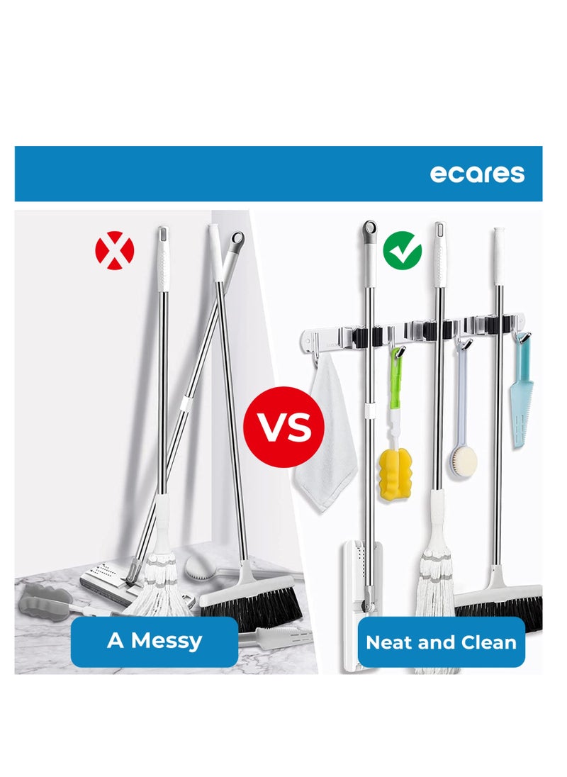 ECARES - ECARES® Broom Mop Holder, Wall Mounted, Stainless Steel, Screw or Self-Adhesive Stick-on Metal, Storage Organizer, Garage Organizer, Garden Tool, Tool Rack, Heavy Duty, 3 Racks 4 Hooks for Home. - Image 1