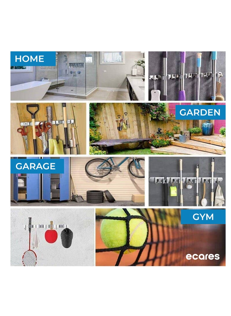 ECARES - ECARES® Broom Mop Holder, Wall Mounted, Stainless Steel, Screw or Self-Adhesive Stick-on Metal, Storage Organizer, Garage Organizer, Garden Tool, Tool Rack, Heavy Duty, 3 Racks 4 Hooks for Home. - Image 1