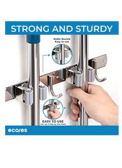 ECARES ECARES® Broom Mop Holder, Wall Mounted, Stainless Steel, Screw or Self-Adhesive Stick-on Metal, Storage Organizer, Garage Organizer, Garden Tool, Tool Rack, Heavy Duty, 3 Racks 4 Hooks for Home.  - Image 2