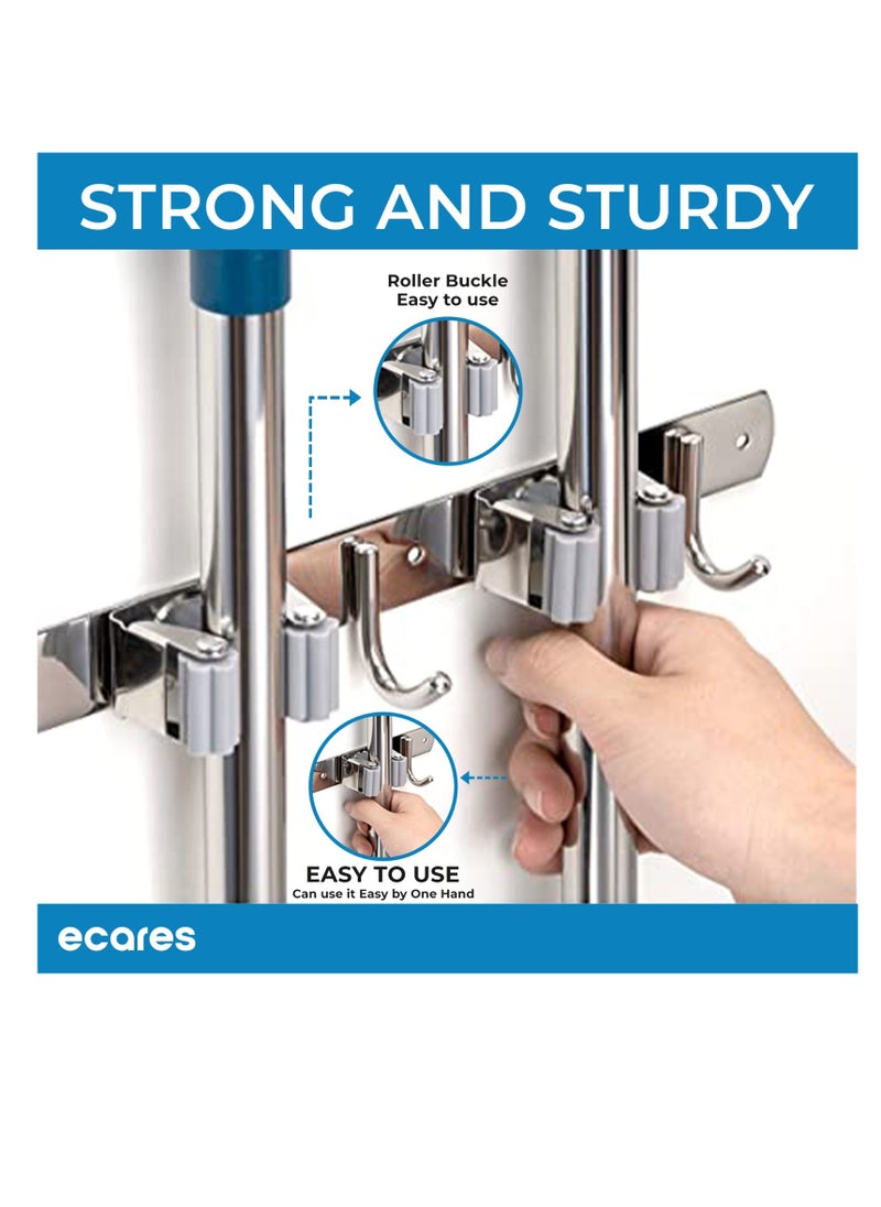 ECARES - ECARES® Broom Mop Holder, Wall Mounted, Stainless Steel, Screw or Self-Adhesive Stick-on Metal, Storage Organizer, Garage Organizer, Garden Tool, Tool Rack, Heavy Duty, 3 Racks 4 Hooks for Home. - Image 1
