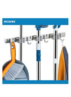 ECARES® Broom Mop Holder, Wall Mounted, Stainless Steel, Screw or Self-Adhesive Stick-on Metal, Storage Organizer, Garage Organizer, Garden Tool, Tool Rack, Heavy Duty, 3 Racks 4 Hooks for Home.