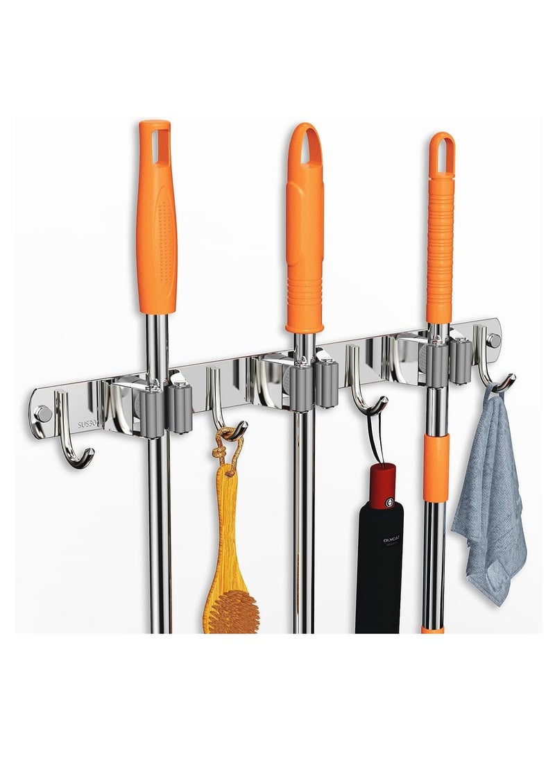 ECARES ECARES® Broom Mop Holder, Wall Mounted, Stainless Steel, Screw or Self-Adhesive Stick-on Metal, Storage Organizer, Garage Organizer, Garden Tool, Tool Rack, Heavy Duty, 3 Racks 4 Hooks for Home.  - Image 1