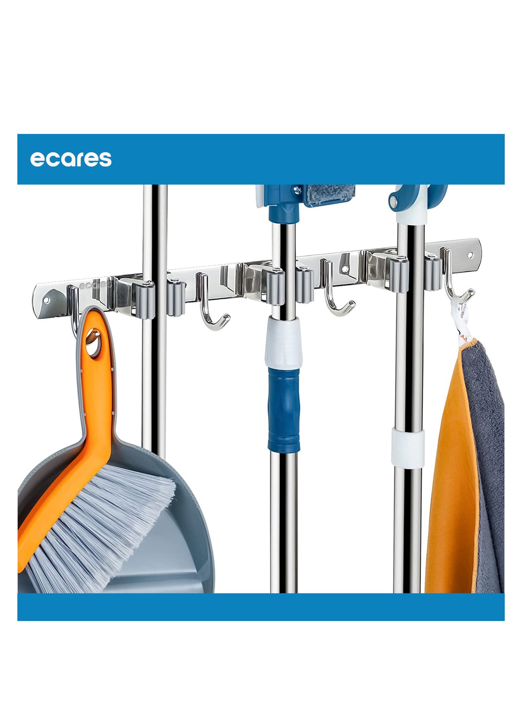 ECARES® Broom Mop Holder, Wall Mounted, Stainless Steel, Screw or Self-Adhesive Stick-on Metal, Storage Organizer, Garage Organizer, Garden Tool, Tool Rack, Heavy Duty, 3 Racks 4 Hooks for Home. 