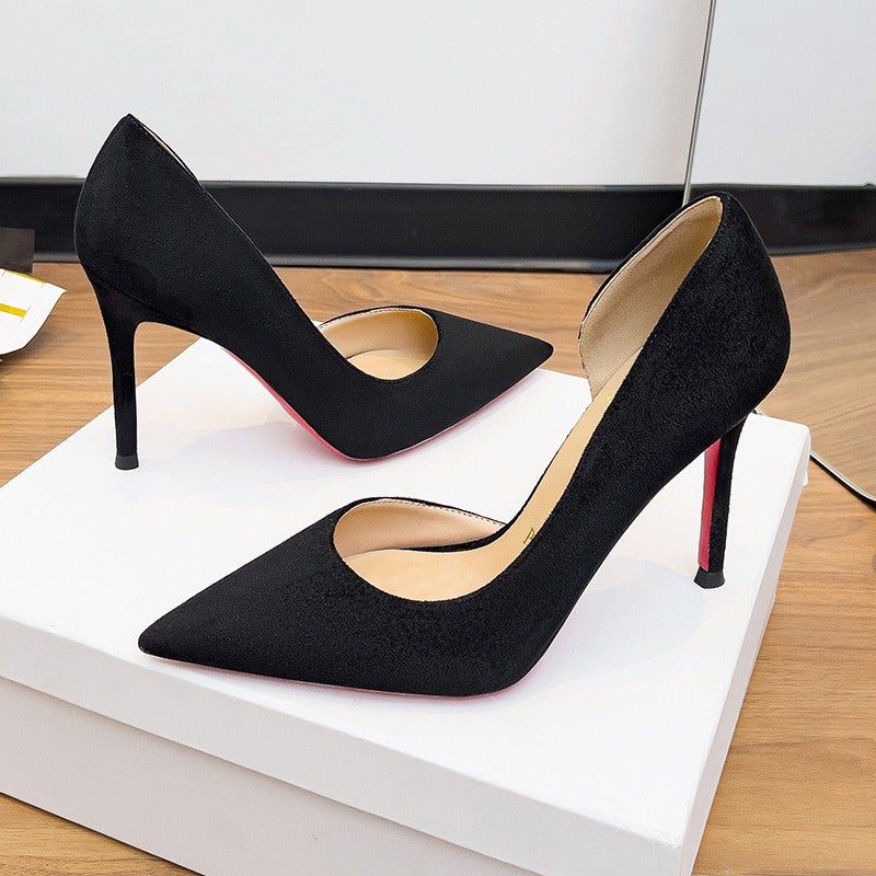 2026 New Red Sole Pointed Toe Side Hollow Sexy Nude High Heels for Women - Elegant Black Patent Leather Single Shoes