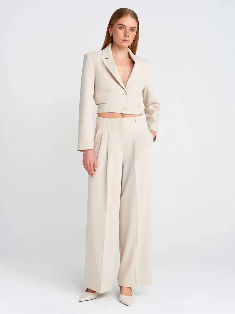 Dilvin DILVIN High-Waist Wide-Leg Crepe Trousers With Belt