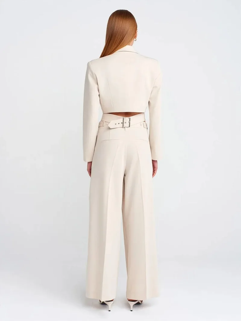 Dilvin DILVIN High-Waist Wide-Leg Crepe Trousers With Belt