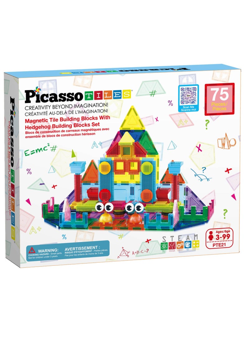 PicassoTiles Magnetic Tiles With Hedgehog Building Block Set 75 Pieces, Magnetic Tiles, Building Blocks, Educational Toy Set, Construction Building Kit For Child Brain Development  - Image 2