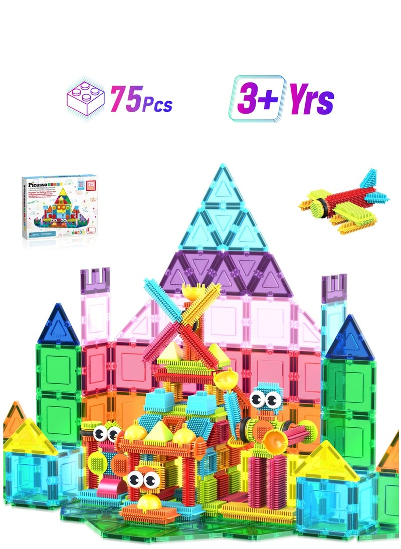 PicassoTiles Magnetic Tiles With Hedgehog Building Block Set 75 Pieces, Magnetic Tiles, Building Blocks, Educational Toy Set, Construction Building Kit For Child Brain Development  - Image 1