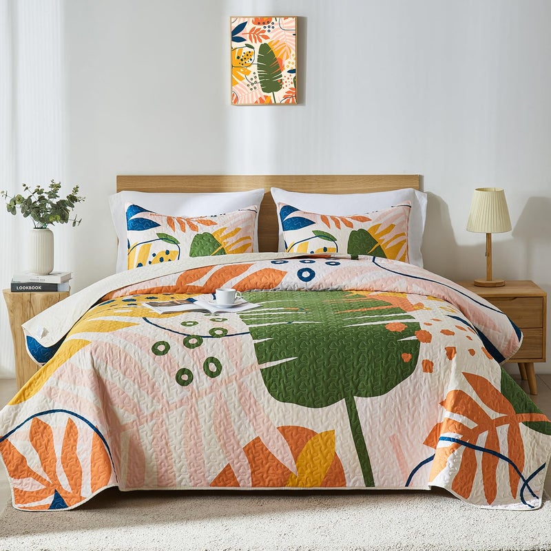 Yogeneg King Quilt Bedding Set,Green Yellow Botanical Pattern White King/Cal King Quilt Set,3 Piece Lightweight Soft Summer Bedspread Coverlet with 2 PIillow Shams,All Season(White,110"x96") - Image 1