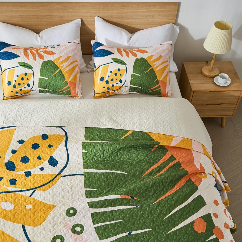 Yogeneg King Quilt Bedding Set,Green Yellow Botanical Pattern White King/Cal King Quilt Set,3 Piece Lightweight Soft Summer Bedspread Coverlet with 2 PIillow Shams,All Season(White,110"x96") - Image 3