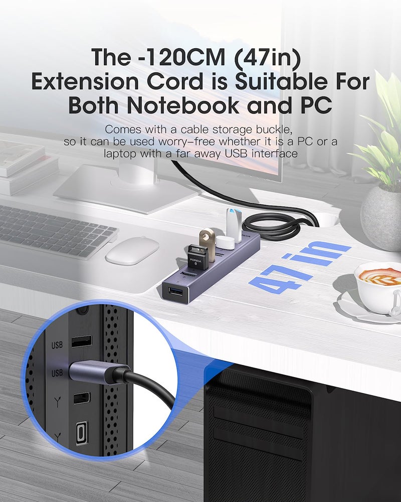 FORIDA Aluminum Alloy 8 Port USB Hub Long Cable USB Splitter with 7-USB3.0 Data Ports and TypeC 5V/3A Power Port Compatible with MacBook, Laptop,Surface Pro, PS5, PC and More (Gray, USB A-47in) - Image 2