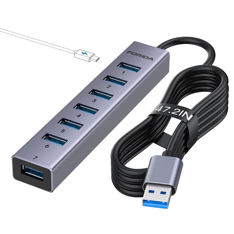 FORIDA Aluminum Alloy 8 Port USB Hub Long Cable USB Splitter with 7-USB3.0 Data Ports and TypeC 5V/3A Power Port Compatible with MacBook, Laptop,Surface Pro, PS5, PC and More (Gray, USB A-47in) - Image 1