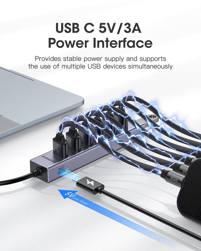 FORIDA Aluminum Alloy 8 Port USB Hub Long Cable USB Splitter with 7-USB3.0 Data Ports and TypeC 5V/3A Power Port Compatible with MacBook, Laptop,Surface Pro, PS5, PC and More (Gray, USB A-47in) - Image 4