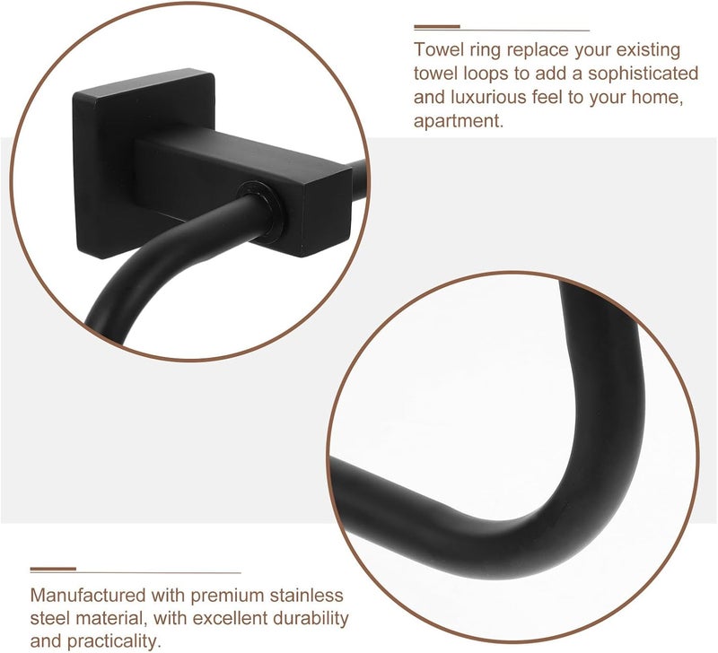 Toyvian Stainless Steel Bathroom Hand Towel Holder Ring Wall Mounted Towel Rack with Black Painted Square Finish for Kitchen and Bathroom Wall Storage - Image 3