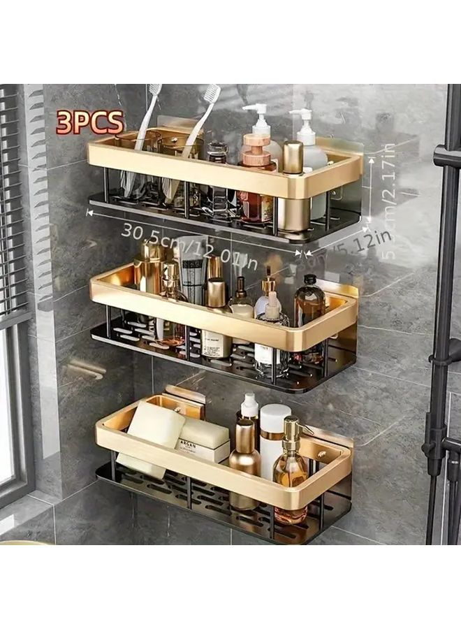 3 Layer 9 Piece Set Black Gold Aluminum Shower Storage Rack No Drilling Self Adhesive Shelves For Bathroom Bedroom Kitchen - Image 1
