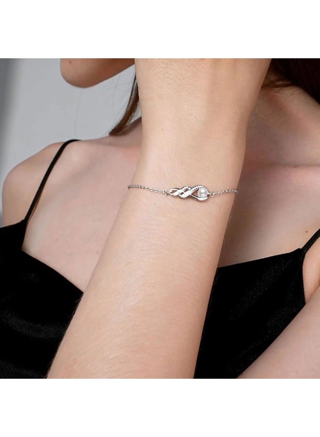 LOCIBLO June Birthstone Bracelets for Women Girls 925 Sterling Silver Pearl Bracelet White Gold Infinity Pendant Anniversary Birthday Gifts Jewelry for Her, 6.7''+1.2'', Crystal, created pearl - Image 2