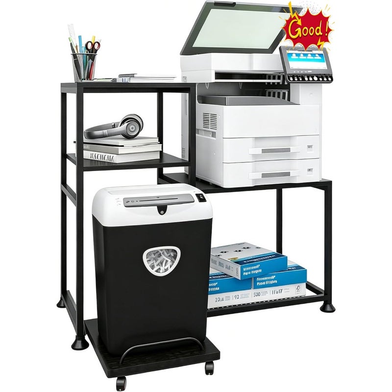 Printer Stand with Storage Shelves, Heavy Duty Printer Cabinet, 3-Tier Office Organiser, Printer Shredder Stand for Home Office, Table for Fax Machine/PC Tower Black - Image 1