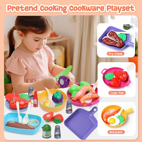 CUTE STONE Kids Play Kitchen Toy Accessories Toddler Pretend Cooking Playset with Toys Cookware and Utensils Toys Food for Cutting Play Kids Cooking Set Education Learning Gift for Boys Girls - Image 5