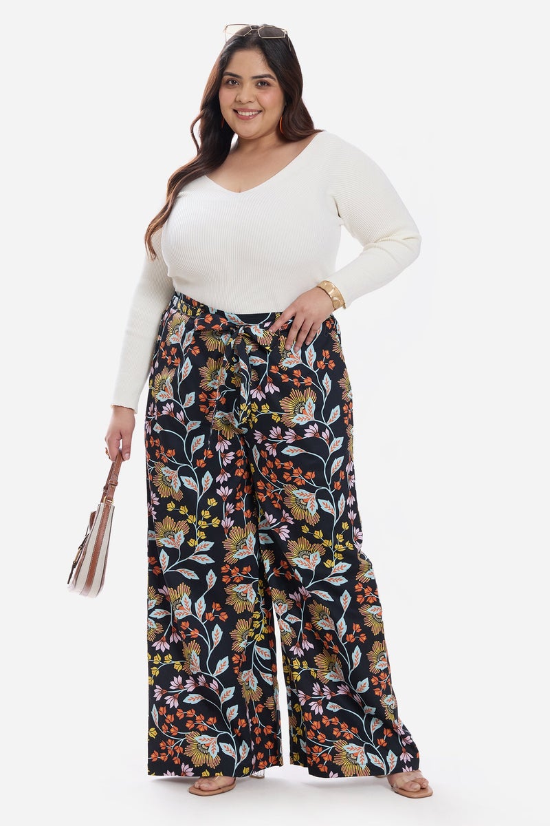 Virgio Floral Cotton Bow Tie Up Wide Leg Plus Size Pants for Women - Image 1