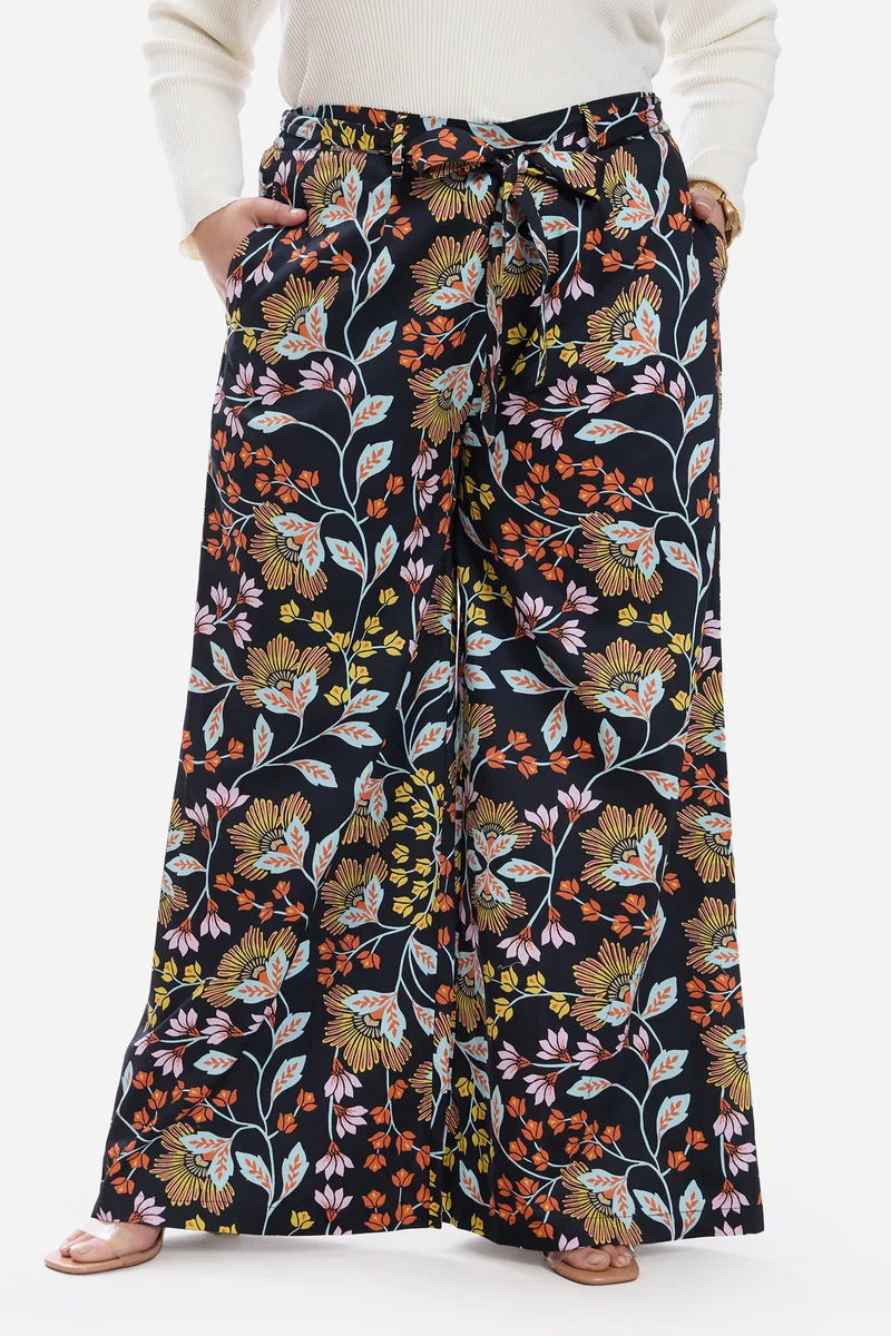 فيرجيو Floral Cotton Bow Tie Up Wide Leg Plus Size Pants for Women