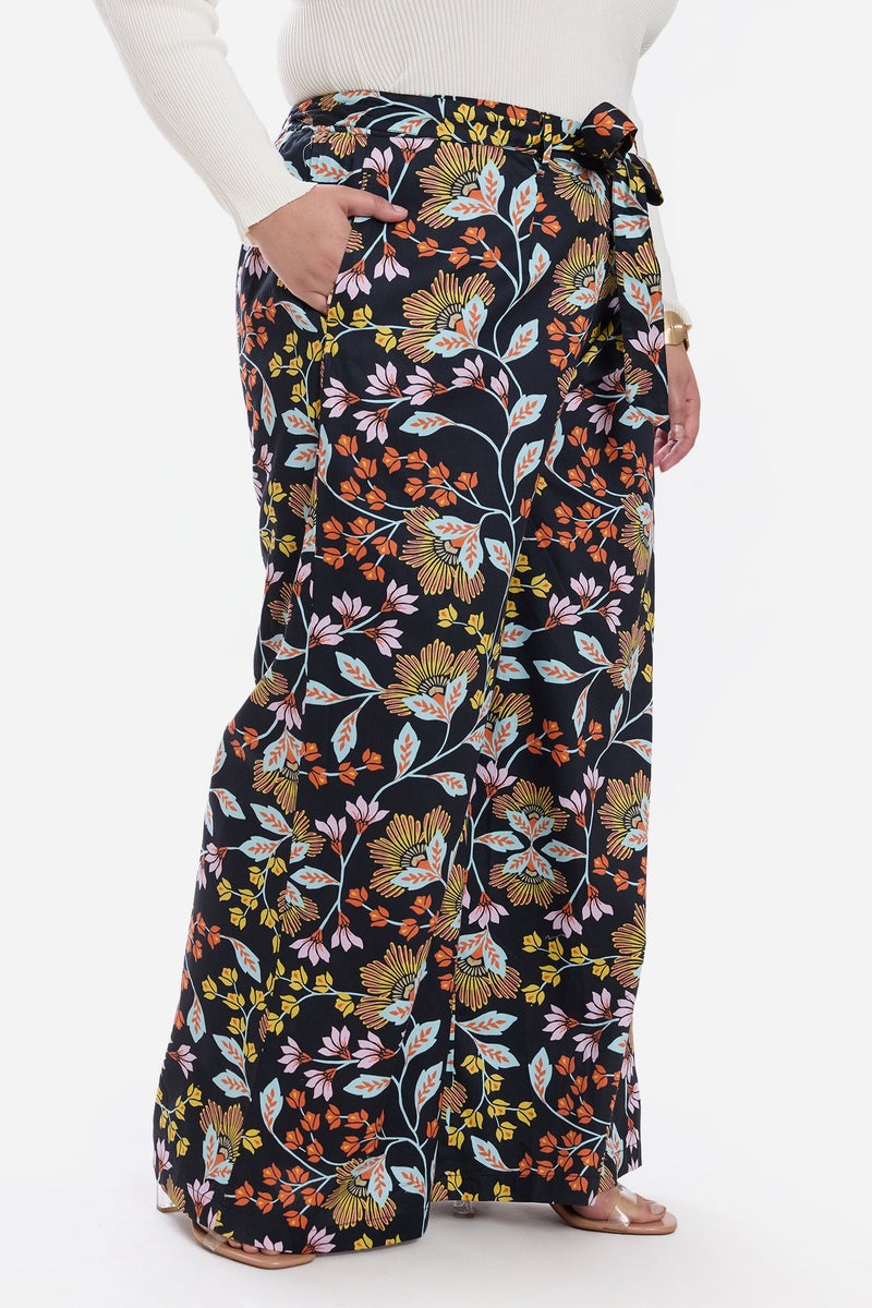 Virgio Floral Cotton Bow Tie Up Wide Leg Plus Size Pants for Women - Image 4