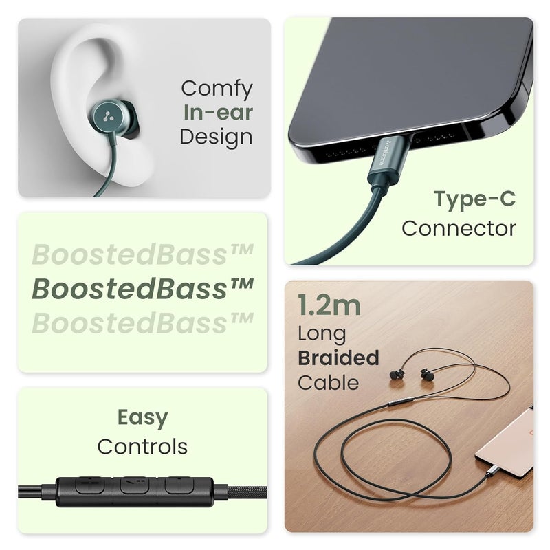 AMBRANE Type C Wired in Ear Earphones with in-Line Mic for Clear Calling,1.2M Cable,10Mm Dynamic Drivers for Boostedbass,Control Buttons for iPhone 15,Samsung&Type C Devices(Stringz 38C,Black) - Image 2