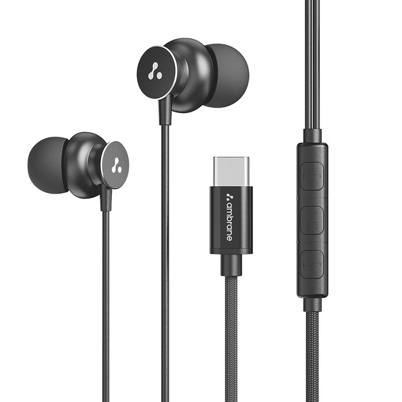 AMBRANE Type C Wired in Ear Earphones with in-Line Mic for Clear Calling,1.2M Cable,10Mm Dynamic Drivers for Boostedbass,Control Buttons for iPhone 15,Samsung&Type C Devices(Stringz 38C,Black) - Image 1