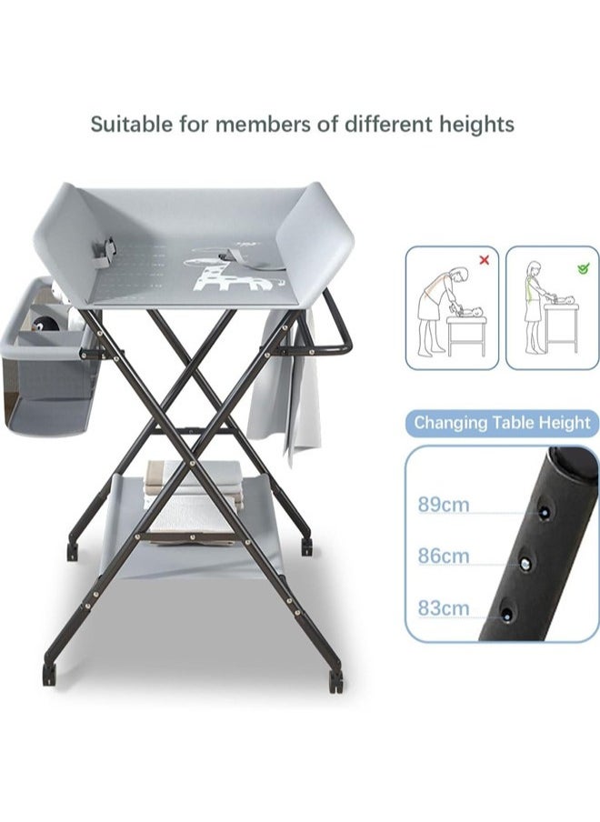 Denzoz - Portable Baby Changing Table Waterproof Diaper Changing Table with Wheels Adjustable Height Folding Diaper Station with Safety Belt Large Storage Racks for Newborn Baby and Infant - Image 1