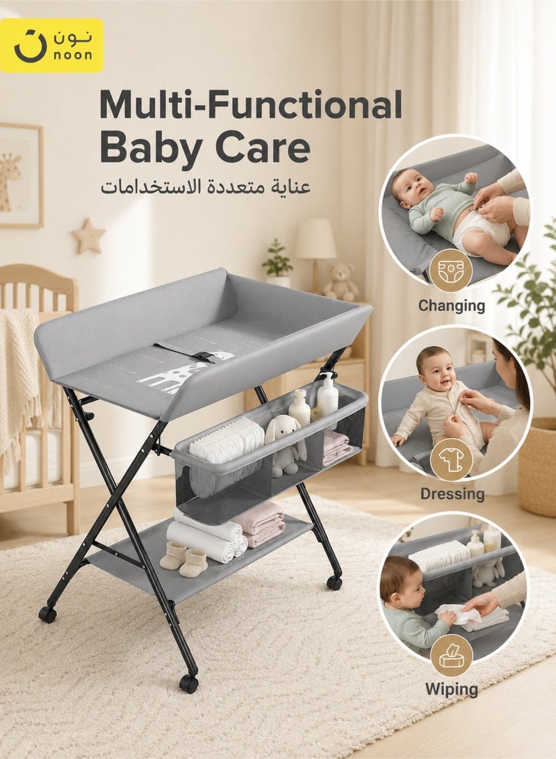 دنزوز طاولة محمولة لتغيير حفاضات ماء مقاوم للماء مع عجلات قابلة للتعديل ارتفاع محطة حفاضات قابلة للطي مع حزام أمان رفوف تخزين كبيرة للطفل الوليد والرضيع - Image 5