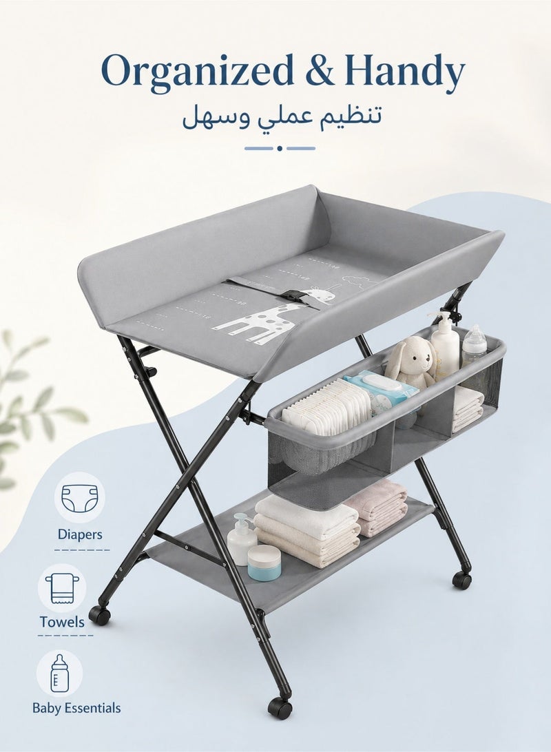 دنزوز طاولة محمولة لتغيير حفاضات ماء مقاوم للماء مع عجلات قابلة للتعديل ارتفاع محطة حفاضات قابلة للطي مع حزام أمان رفوف تخزين كبيرة للطفل الوليد والرضيع - Image 3
