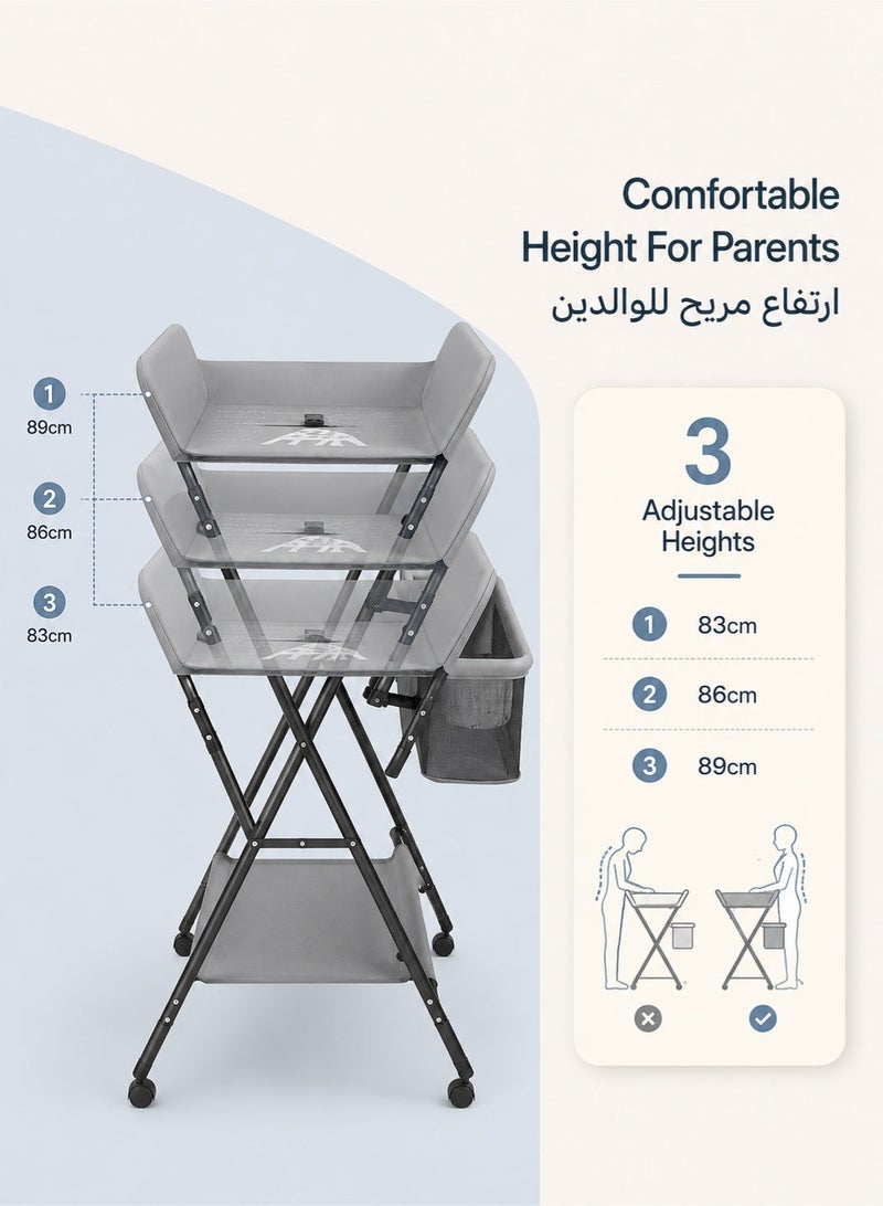 دنزوز طاولة محمولة لتغيير حفاضات ماء مقاوم للماء مع عجلات قابلة للتعديل ارتفاع محطة حفاضات قابلة للطي مع حزام أمان رفوف تخزين كبيرة للطفل الوليد والرضيع - Image 2