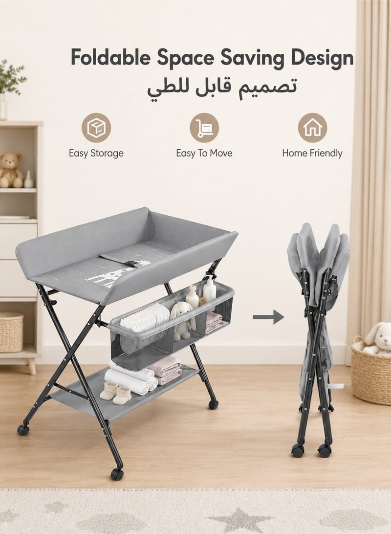 دنزوز طاولة محمولة لتغيير حفاضات ماء مقاوم للماء مع عجلات قابلة للتعديل ارتفاع محطة حفاضات قابلة للطي مع حزام أمان رفوف تخزين كبيرة للطفل الوليد والرضيع - Image 4