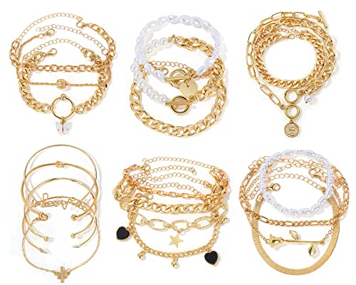 IFKM 6 PACK (22 PCS) Gold Chain Bracelets Set for Women, 14K Gold Plated Multiple Layered Stackable Open Cuff Wrap Bangle Bracelet Adjustable Link Italian Cuban Jewelry for Women Gift - Image 1