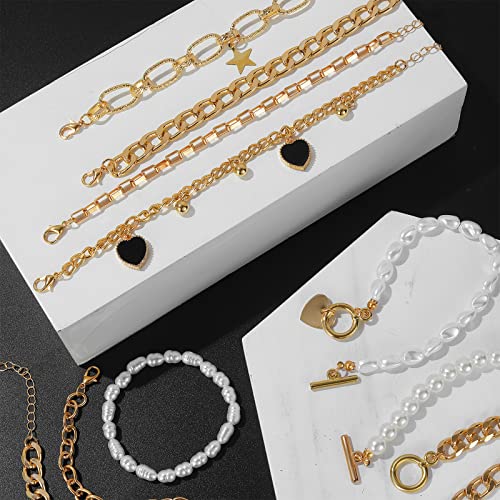 IFKM 6 PACK (22 PCS) Gold Chain Bracelets Set for Women, 14K Gold Plated Multiple Layered Stackable Open Cuff Wrap Bangle Bracelet Adjustable Link Italian Cuban Jewelry for Women Gift - Image 2