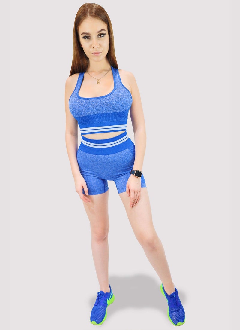 KIDWALA ACTIVE Kidwala 2 Pieces Core Set - High Waisted Shorts with Sports Round neck Bra Shoulder Strap Workout Gym Yoga Sleeveless Outfit for Women (Small, Blue) - Image 3