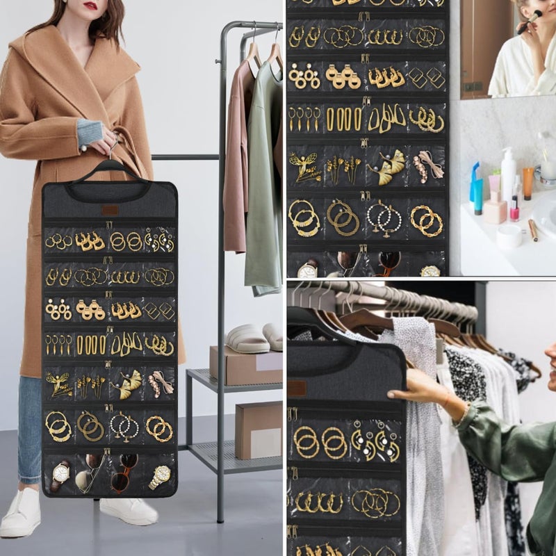 SMRITI Hanging Jewelry Organizer with Dual Zippered Pockets Canvas Double Sided Rotating Hanger Necklace Hanging Wall Organizer Earring Dustproof Holder Wall Mount Accessories Display Bag(Dark Grey) - Image 2