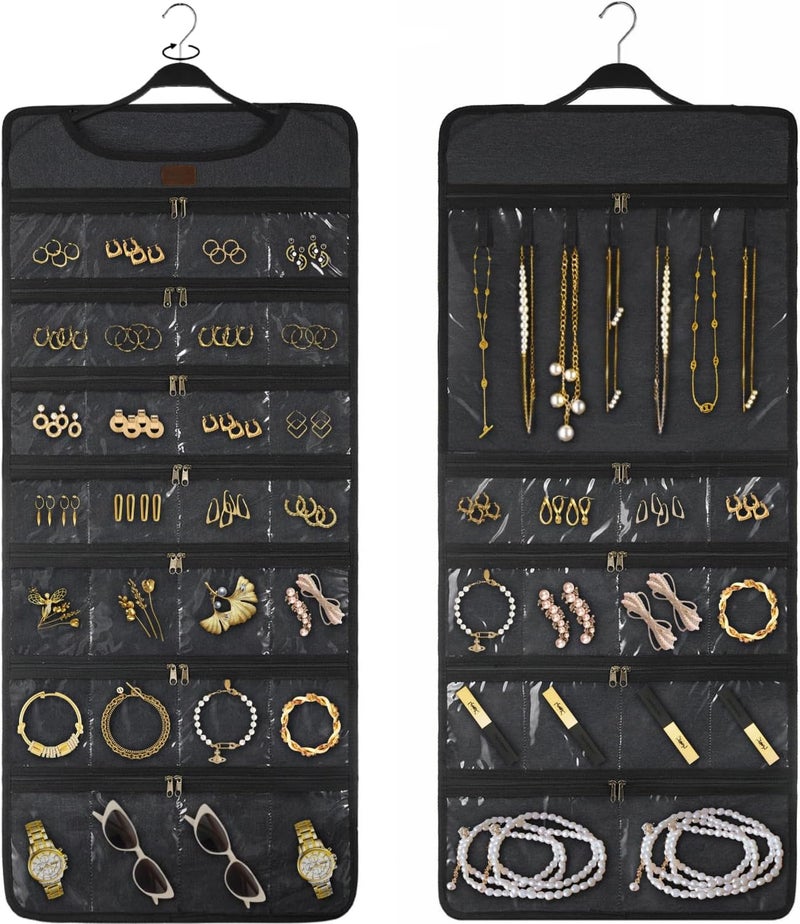 SMRITI Hanging Jewelry Organizer with Dual Zippered Pockets Canvas Double Sided Rotating Hanger Necklace Hanging Wall Organizer Earring Dustproof Holder Wall Mount Accessories Display Bag(Dark Grey) - Image 1