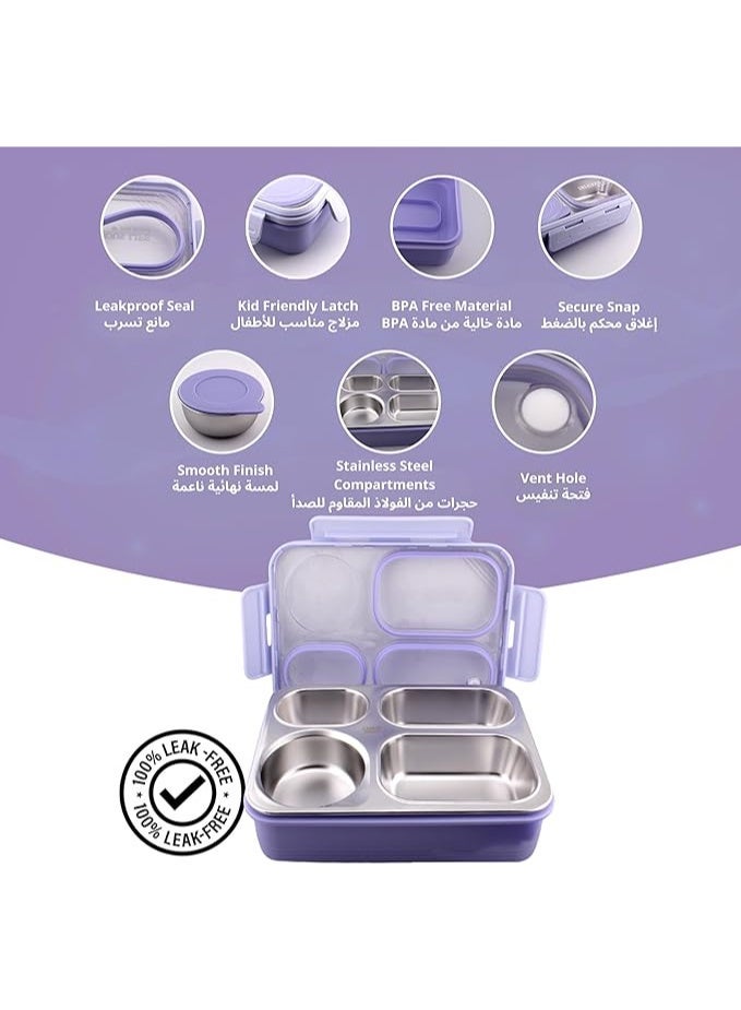 CRAVISTA Bento Lunch Boxes, Leak Proof Stainless Steel Lunch Box for Kids, BPA Free Bento Box for Kids and Adults | Tiffin Boxes for Office and School (Purple, 750 ML, 4 Compartment) - Image 2