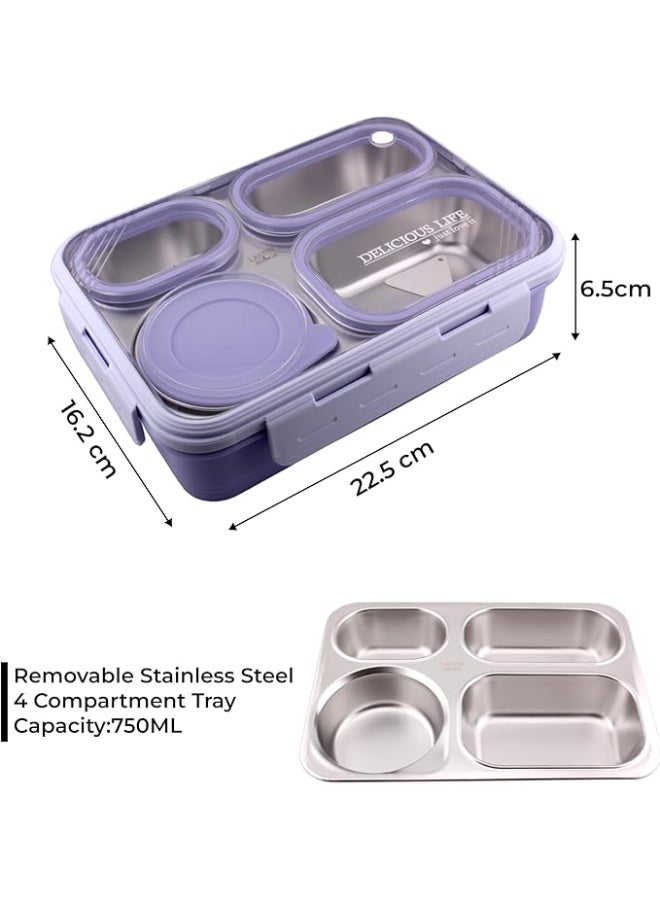 CRAVISTA Bento Lunch Boxes, Leak Proof Stainless Steel Lunch Box for Kids, BPA Free Bento Box for Kids and Adults | Tiffin Boxes for Office and School (Purple, 750 ML, 4 Compartment) - Image 4