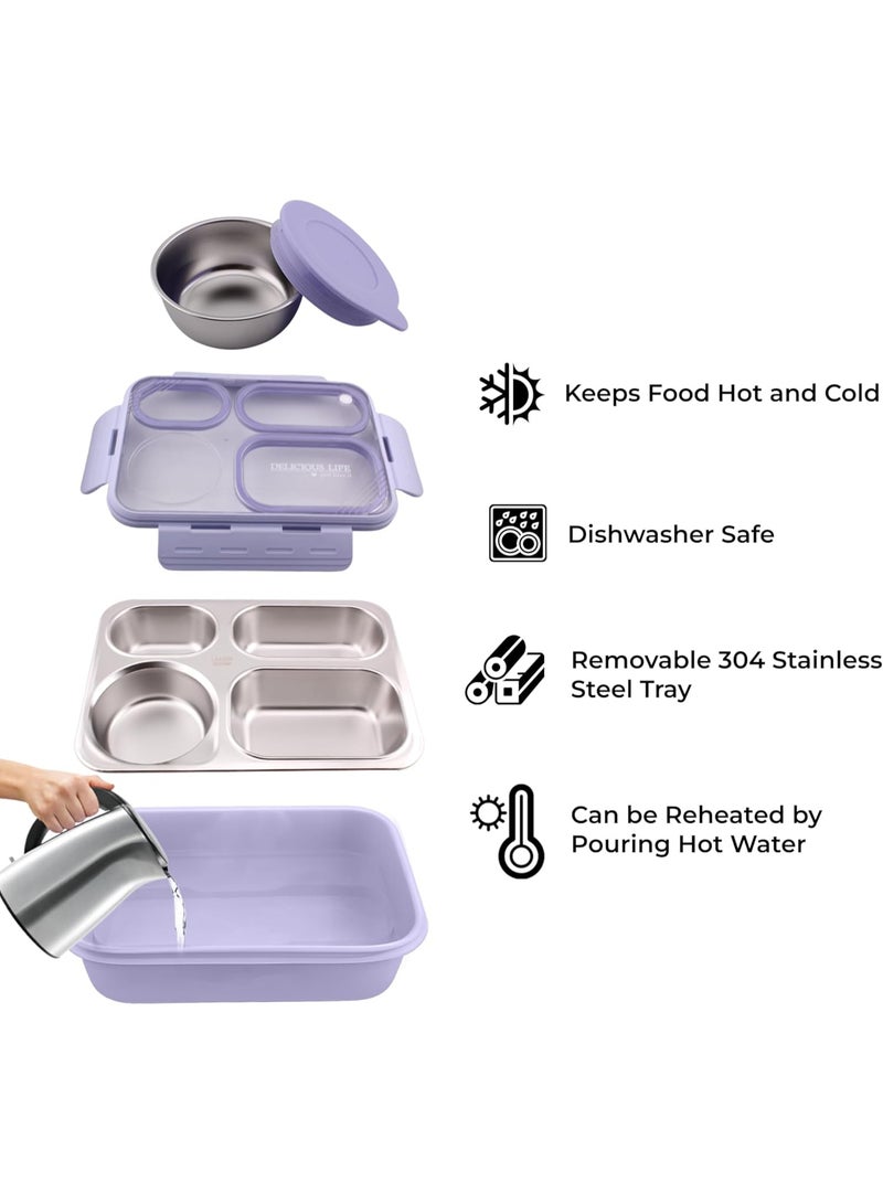 CRAVISTA Bento Lunch Boxes, Leak Proof Stainless Steel Lunch Box for Kids, BPA Free Bento Box for Kids and Adults | Tiffin Boxes for Office and School (Purple, 750 ML, 4 Compartment) - Image 5