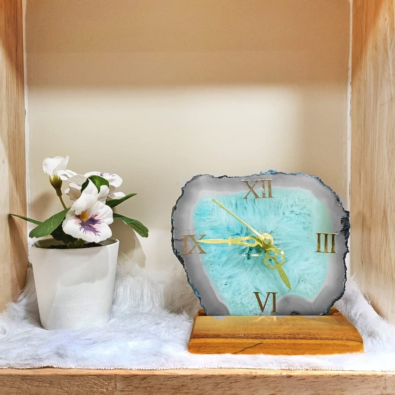 Shubhanjali Shubhanjali Crystal Agate Clock for Home Decor Items Blue Decorative Agate Stone Slice Table Clock for Study Table Office Desk Bedroom Unique Gifts for Women  - Image 1