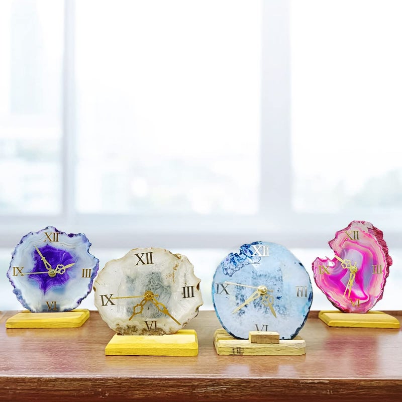 Shubhanjali Shubhanjali Crystal Agate Clock for Home Decor Items Blue Decorative Agate Stone Slice Table Clock for Study Table Office Desk Bedroom Unique Gifts for Women  - Image 3