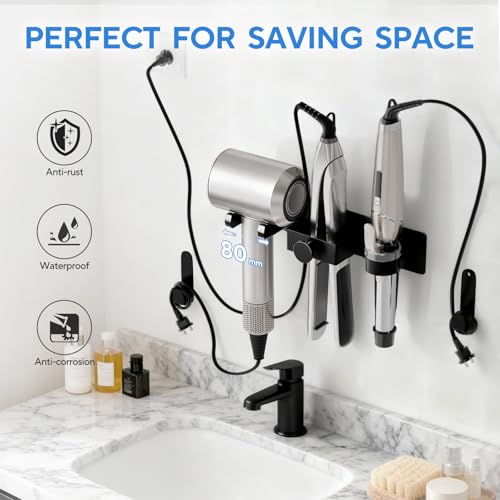 DOTCUTY Hair Dryer Holder Wall Mount with Plug&Cord Organizer, Curling Iron Holder Flat Iron, 3-in-1 Bathroom Hair Tool Organizer and Storage, Straightener Holder, Metal Blow Dryer Holder Rack for Most Dryers - Image 3