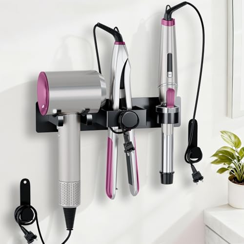DOTCUTY Hair Dryer Holder Wall Mount with Plug&Cord Organizer, Curling Iron Holder Flat Iron, 3-in-1 Bathroom Hair Tool Organizer and Storage, Straightener Holder, Metal Blow Dryer Holder Rack for Most Dryers - Image 1