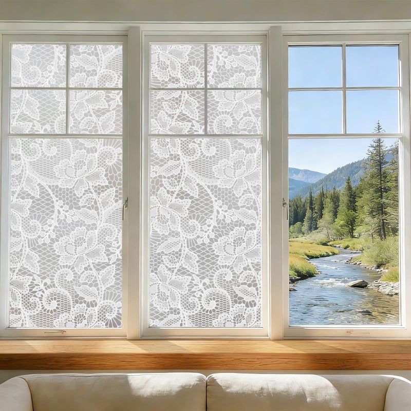 NINETREX Frosted Window Privacy Film, White Lace Stained Glass Window Film, Static Cling Removable Privacy Decal, Sun Blocking Decorative Tint with Effect for Home, Doors and Office, 17.5 x 78.7 inch - Image 2